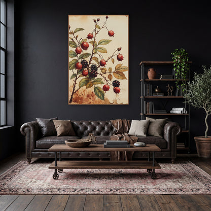 Rosehip and Blackberry Botanical Study wall art in a moody dark academia room – botanical study of red rosehips
