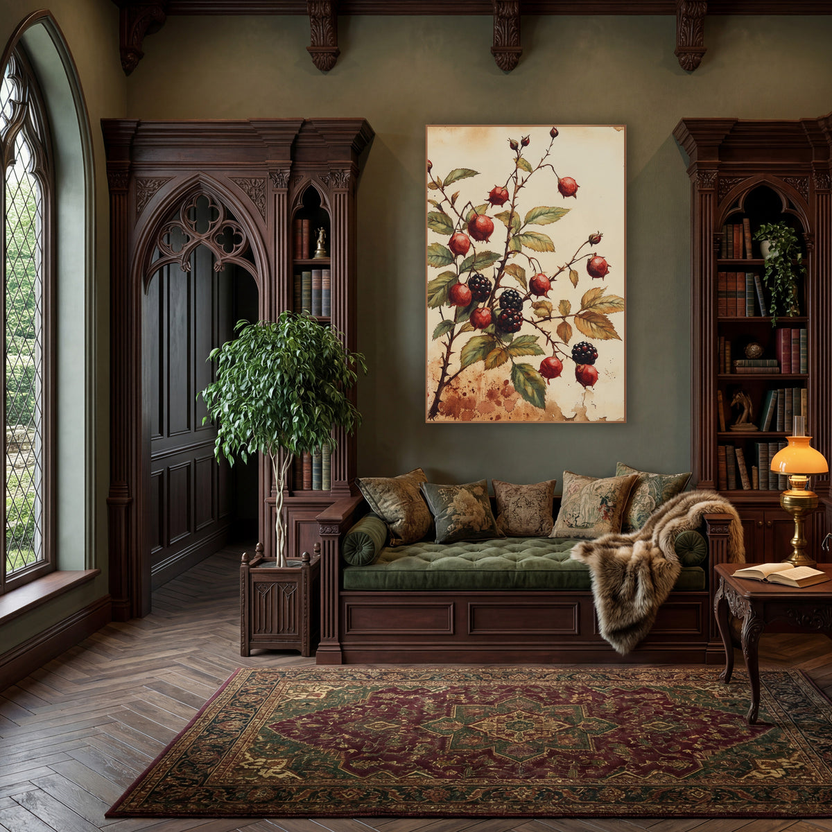 Rosehip and Blackberry Botanical Study wall art in a moody dark academia room – botanical study of red rosehips