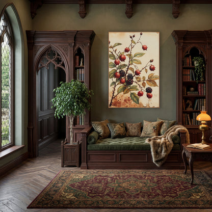 Rosehip and Blackberry Botanical Study wall art in a moody dark academia room – botanical study of red rosehips