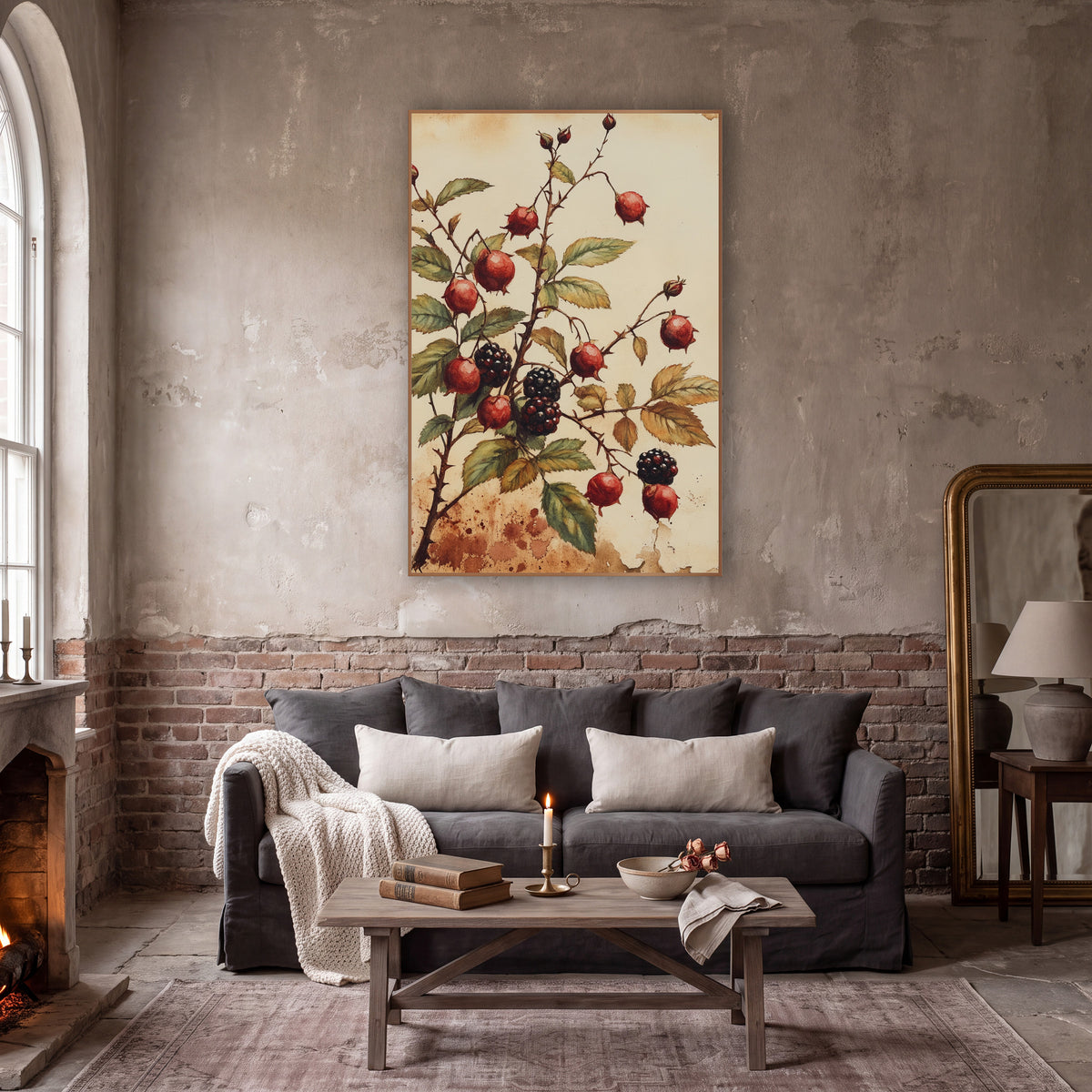 Rosehip and Blackberry Botanical Study wall art in a moody dark academia room – botanical study of red rosehips