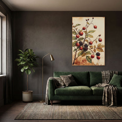 Rosehip and Blackberry Botanical Study wall art in a moody dark academia room – botanical study of red rosehips