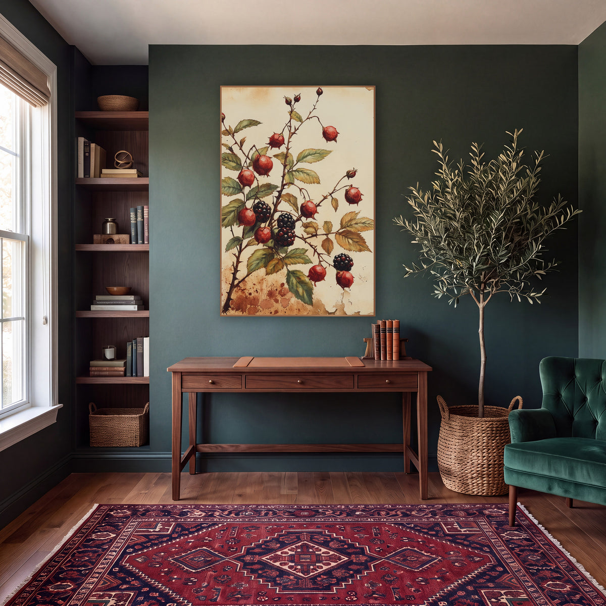 Rosehip and Blackberry Botanical Study wall art in a moody dark academia room – botanical study of red rosehips