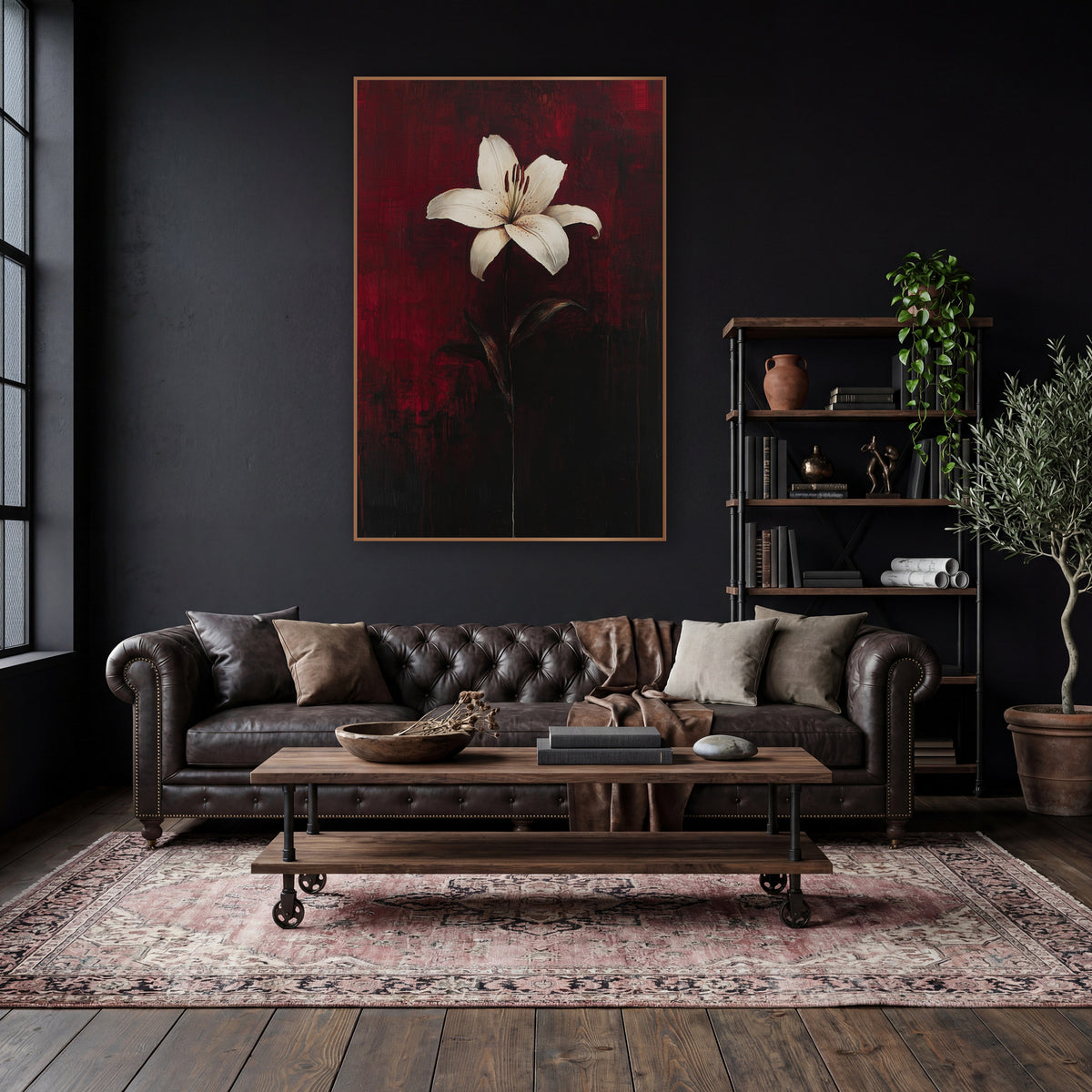 White Lily Crimson Moody Floral wall art in a moody dark academia room – single white lily with dark red stamens