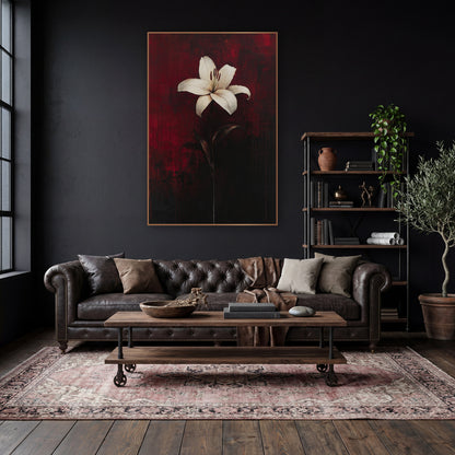 White Lily Crimson Moody Floral wall art in a moody dark academia room – single white lily with dark red stamens