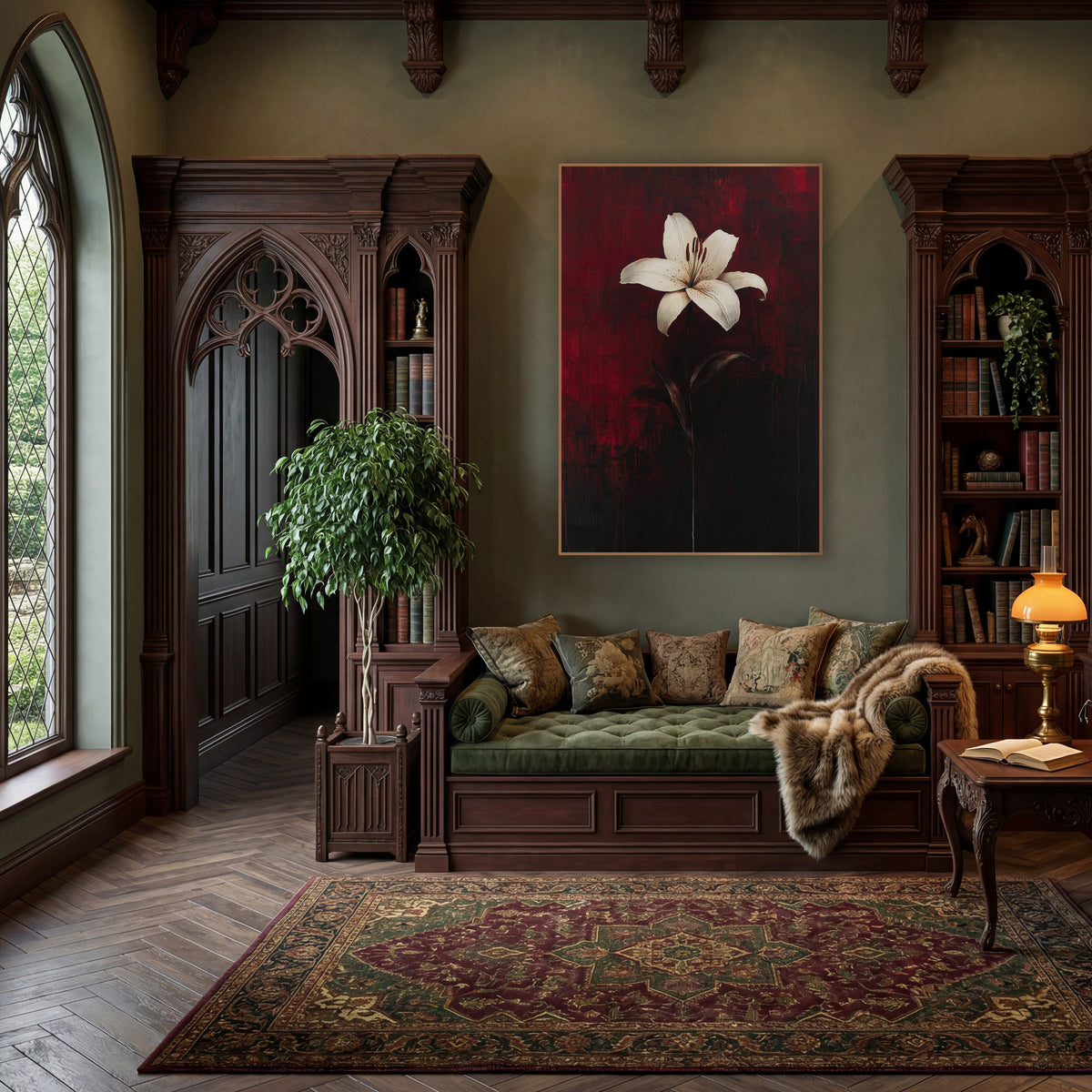 White Lily Crimson Moody Floral wall art in a moody dark academia room – single white lily with dark red stamens