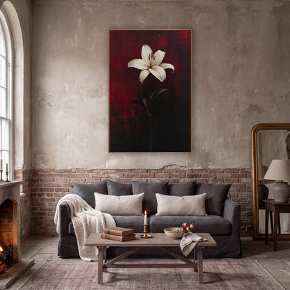White Lily Crimson Moody Floral wall art in a moody dark academia room – single white lily with dark red stamens