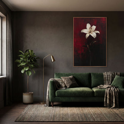 White Lily Crimson Moody Floral wall art in a moody dark academia room – single white lily with dark red stamens