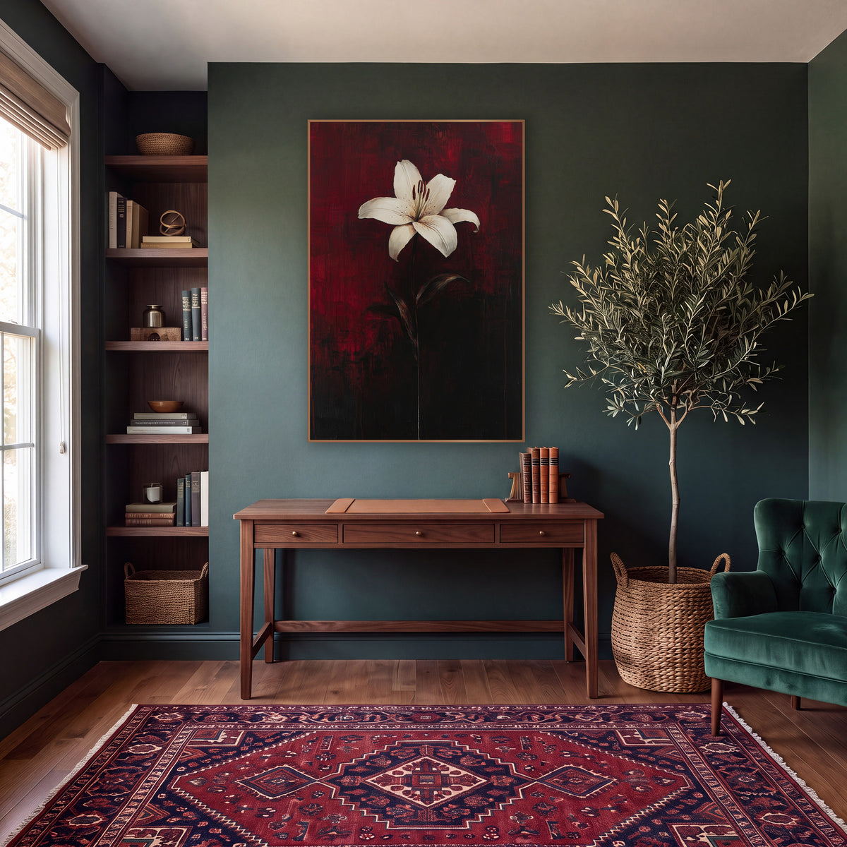 White Lily Crimson Moody Floral wall art in a moody dark academia room – single white lily with dark red stamens