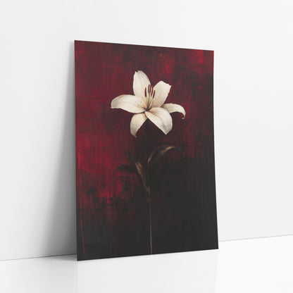 White Lily Crimson Moody Floral art print leaning against a white wall – single white lily with dark red stamens and two dark