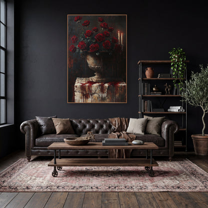 Dark Crimson Roses Candlelit Gothic wall art in a moody dark academia room – dark still life of crimson roses