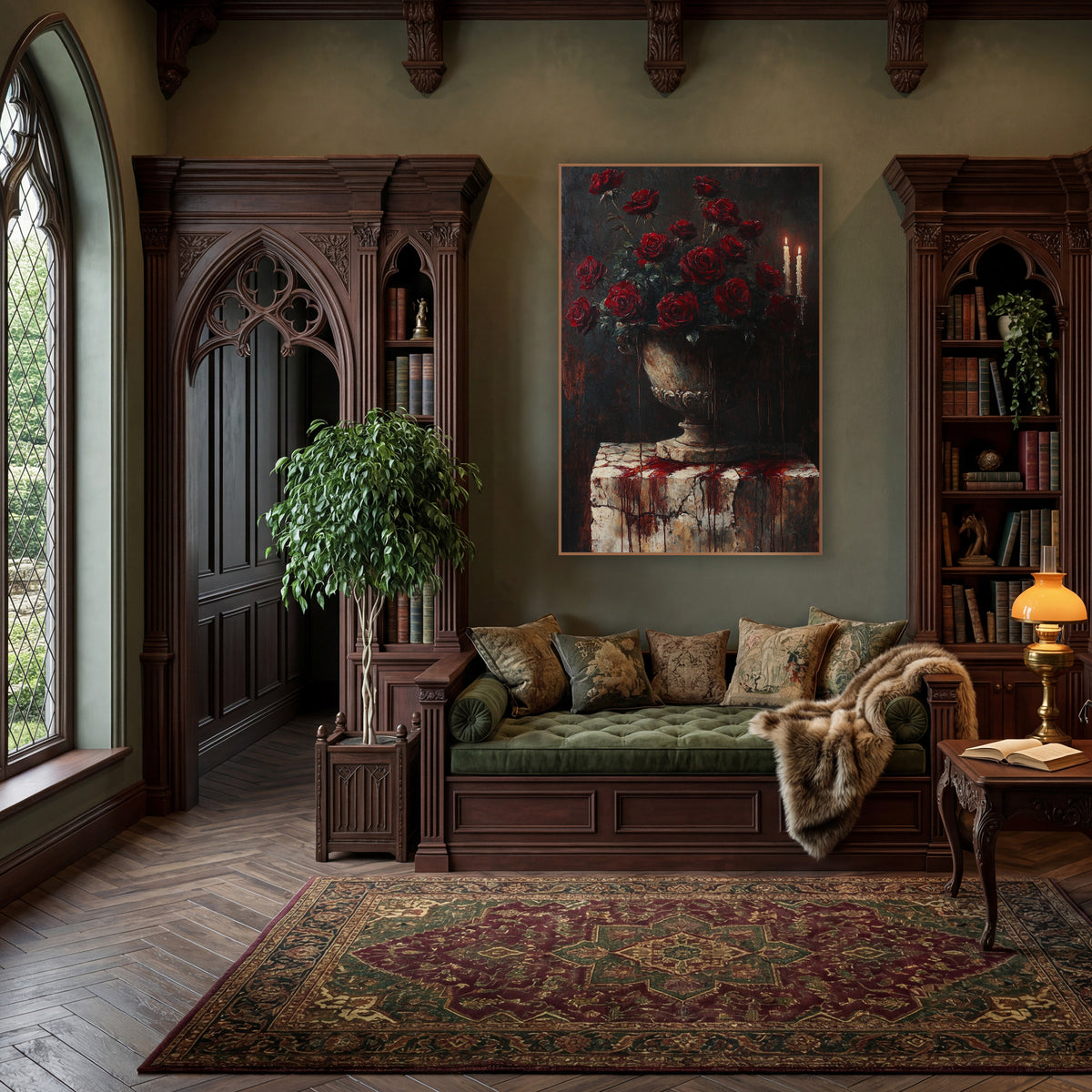 Dark Crimson Roses Candlelit Gothic wall art in a moody dark academia room – dark still life of crimson roses