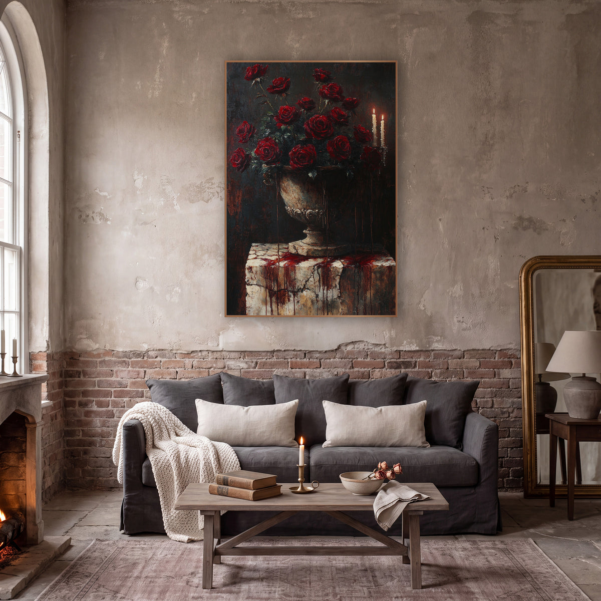 Dark Crimson Roses Candlelit Gothic wall art in a moody dark academia room – dark still life of crimson roses