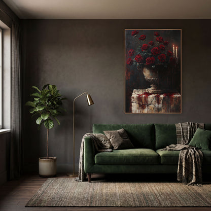Dark Crimson Roses Candlelit Gothic wall art in a moody dark academia room – dark still life of crimson roses