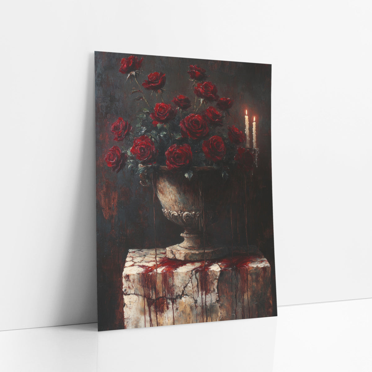 Dark Crimson Roses Candlelit Gothic art print leaning against a white wall – dark still life of crimson roses in a stone urn