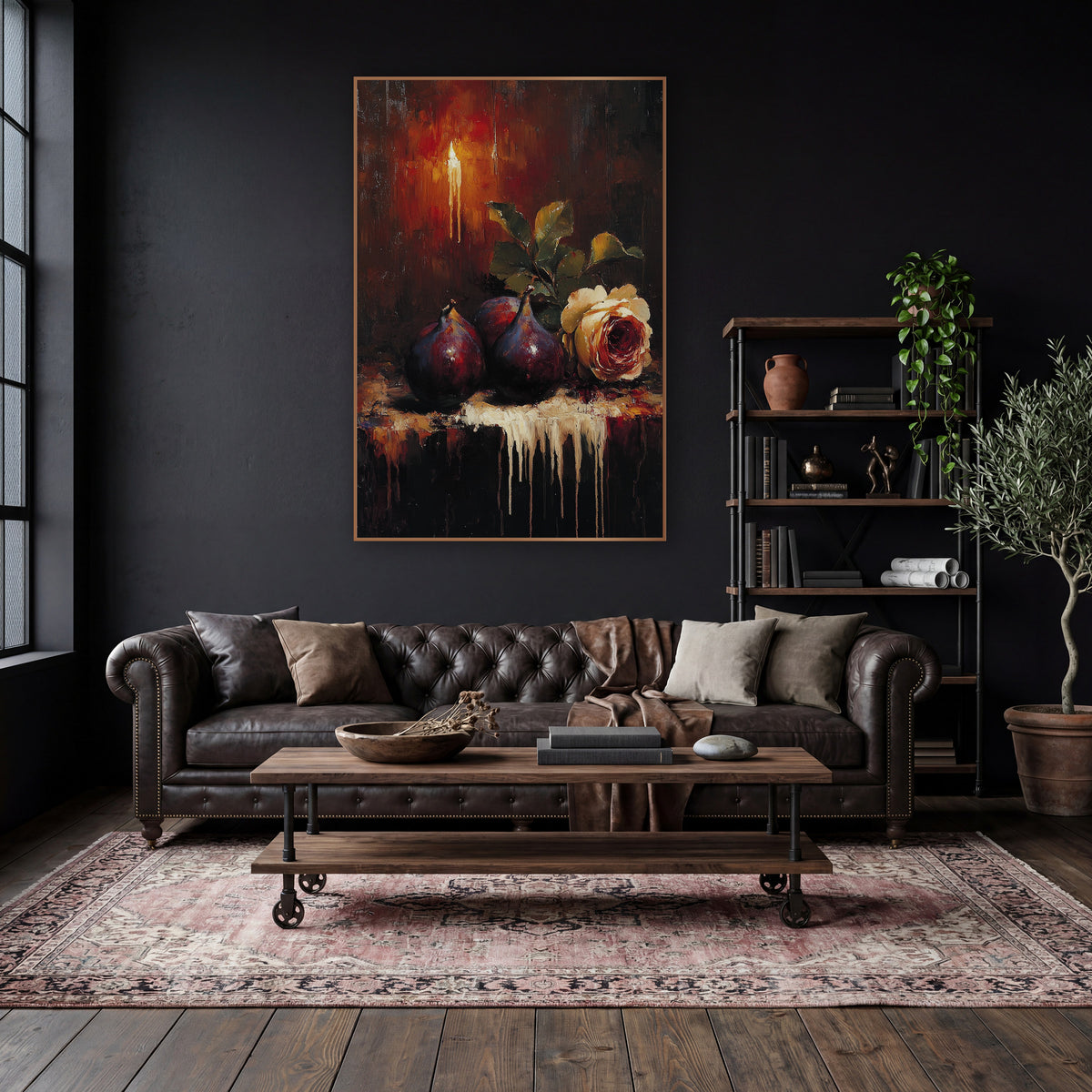 Candlelit Fig and Rose Still Life wall art in a moody dark academia room – three plum figs and a cream rose on a dark
