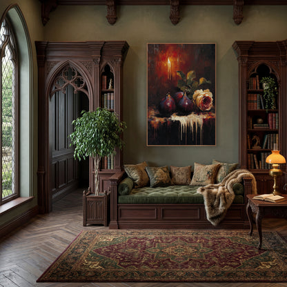 Candlelit Fig and Rose Still Life wall art in a moody dark academia room – three plum figs and a cream rose on a dark