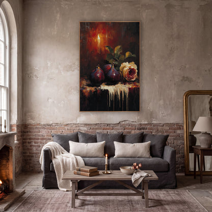 Candlelit Fig and Rose Still Life wall art in a moody dark academia room – three plum figs and a cream rose on a dark