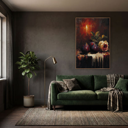 Candlelit Fig and Rose Still Life wall art in a moody dark academia room – three plum figs and a cream rose on a dark