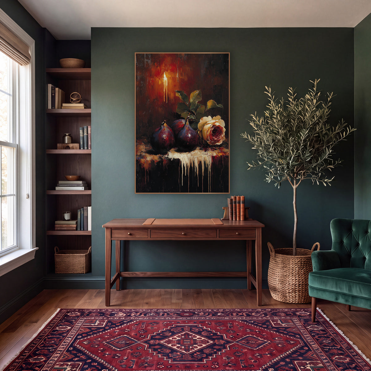 Candlelit Fig and Rose Still Life wall art in a moody dark academia room – three plum figs and a cream rose on a dark