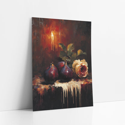 Candlelit Fig and Rose Still Life art print leaning against a white wall – three plum figs and a cream rose on a dark table