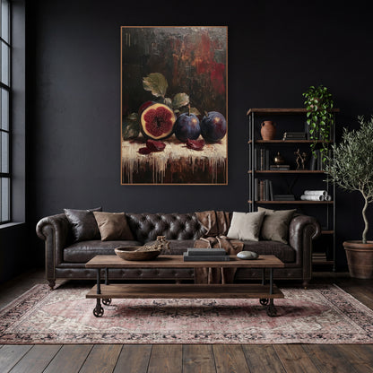 Dark Plum and Fig Still Life wall art in a moody dark academia room – still life of a halved fig and two dark plums