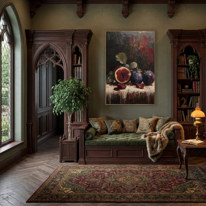 Dark Plum and Fig Still Life wall art in a moody dark academia room – still life of a halved fig and two dark plums