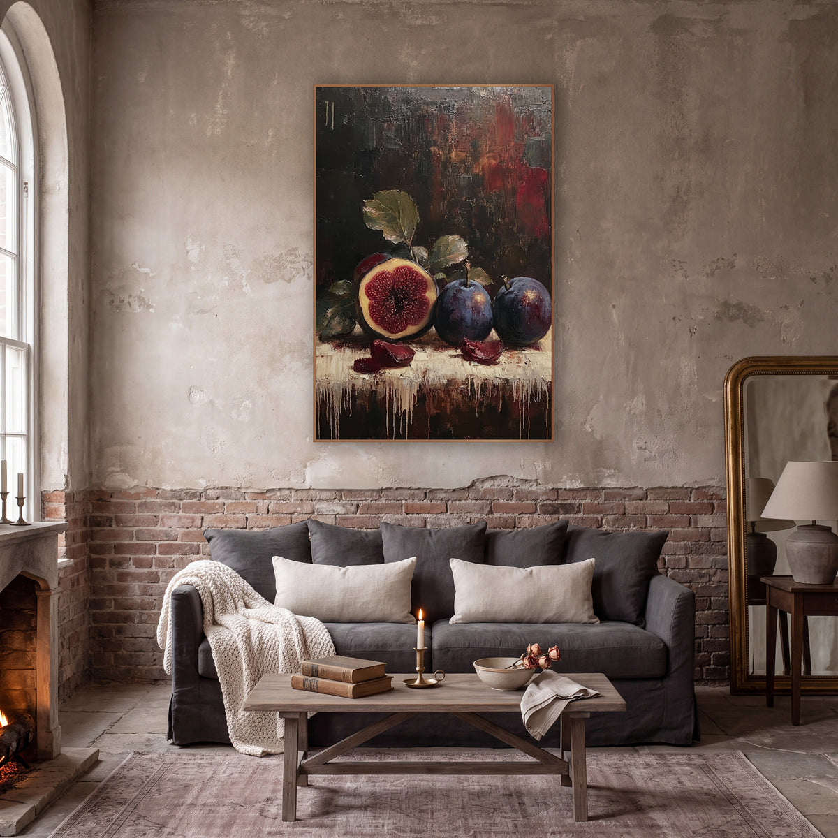 Dark Plum and Fig Still Life wall art in a moody dark academia room – still life of a halved fig and two dark plums