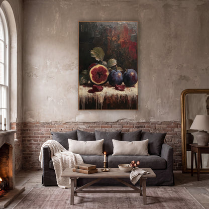 Dark Plum and Fig Still Life wall art in a moody dark academia room – still life of a halved fig and two dark plums