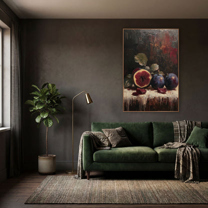 Dark Plum and Fig Still Life wall art in a moody dark academia room – still life of a halved fig and two dark plums