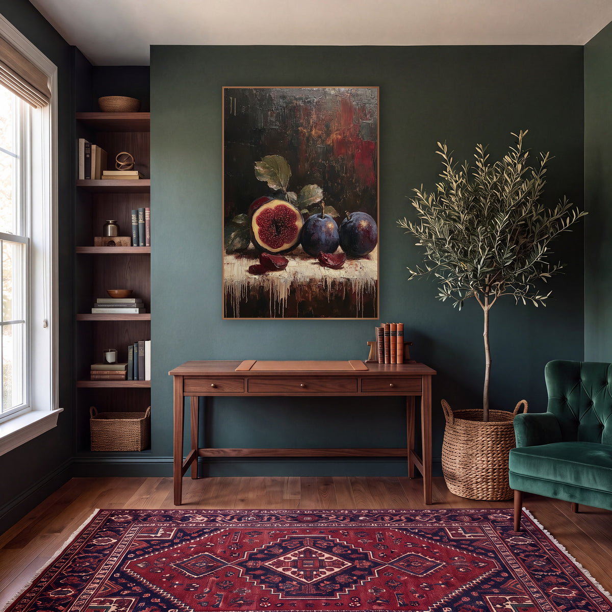 Dark Plum and Fig Still Life wall art in a moody dark academia room – still life of a halved fig and two dark plums