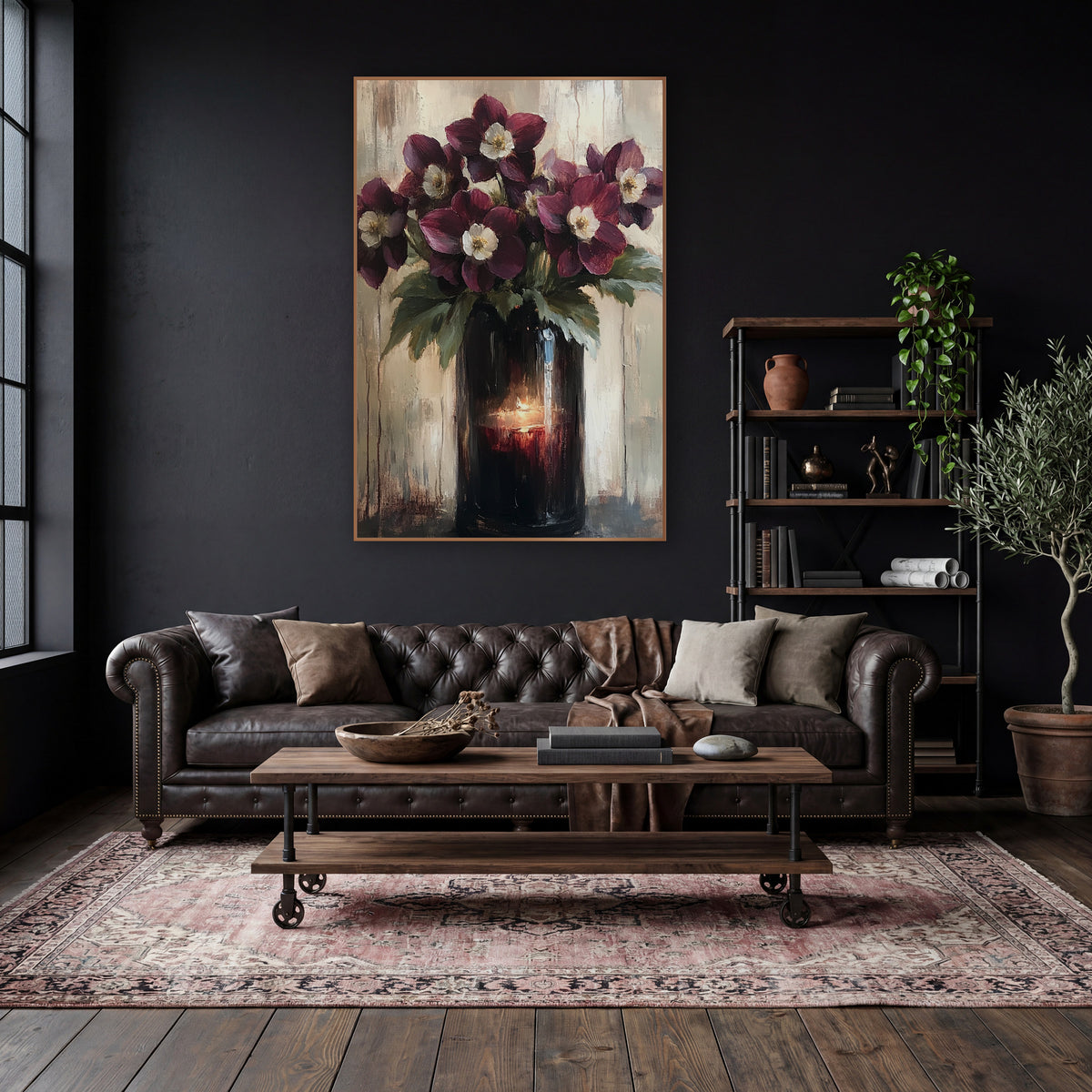 Candlelit Hellebore Vase Moody Classic wall art in a moody dark academia room – burgundy hellebore flowers with cream