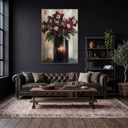 Candlelit Hellebore Vase Moody Classic wall art in a moody dark academia room – burgundy hellebore flowers with cream