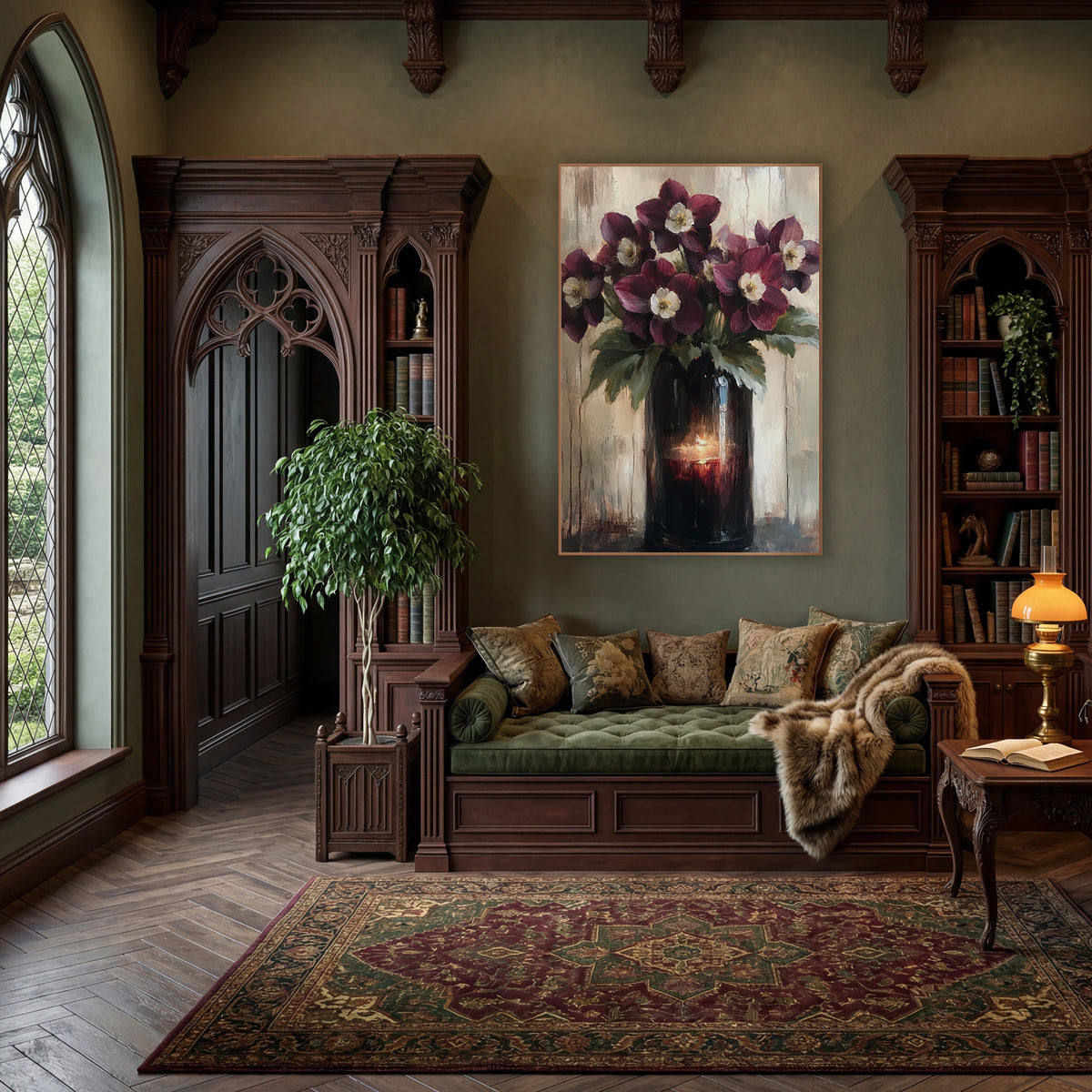 Candlelit Hellebore Vase Moody Classic wall art in a moody dark academia room – burgundy hellebore flowers with cream