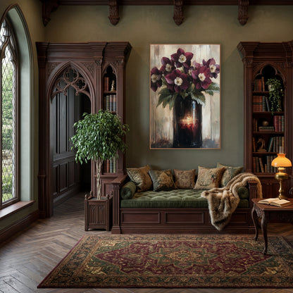 Candlelit Hellebore Vase Moody Classic wall art in a moody dark academia room – burgundy hellebore flowers with cream