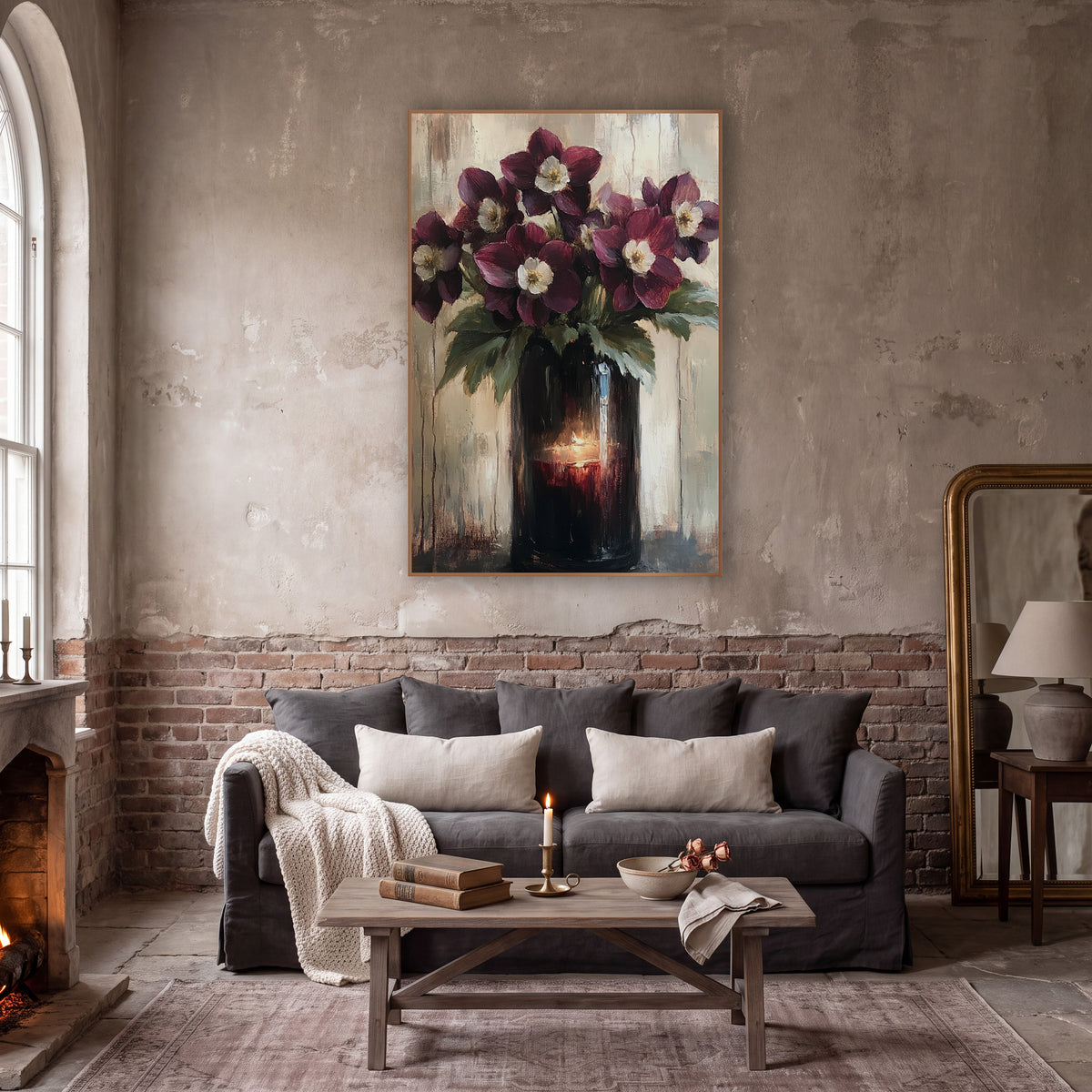 Candlelit Hellebore Vase Moody Classic wall art in a moody dark academia room – burgundy hellebore flowers with cream