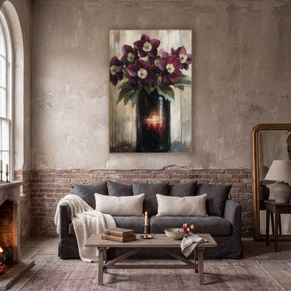 Candlelit Hellebore Vase Moody Classic wall art in a moody dark academia room – burgundy hellebore flowers with cream