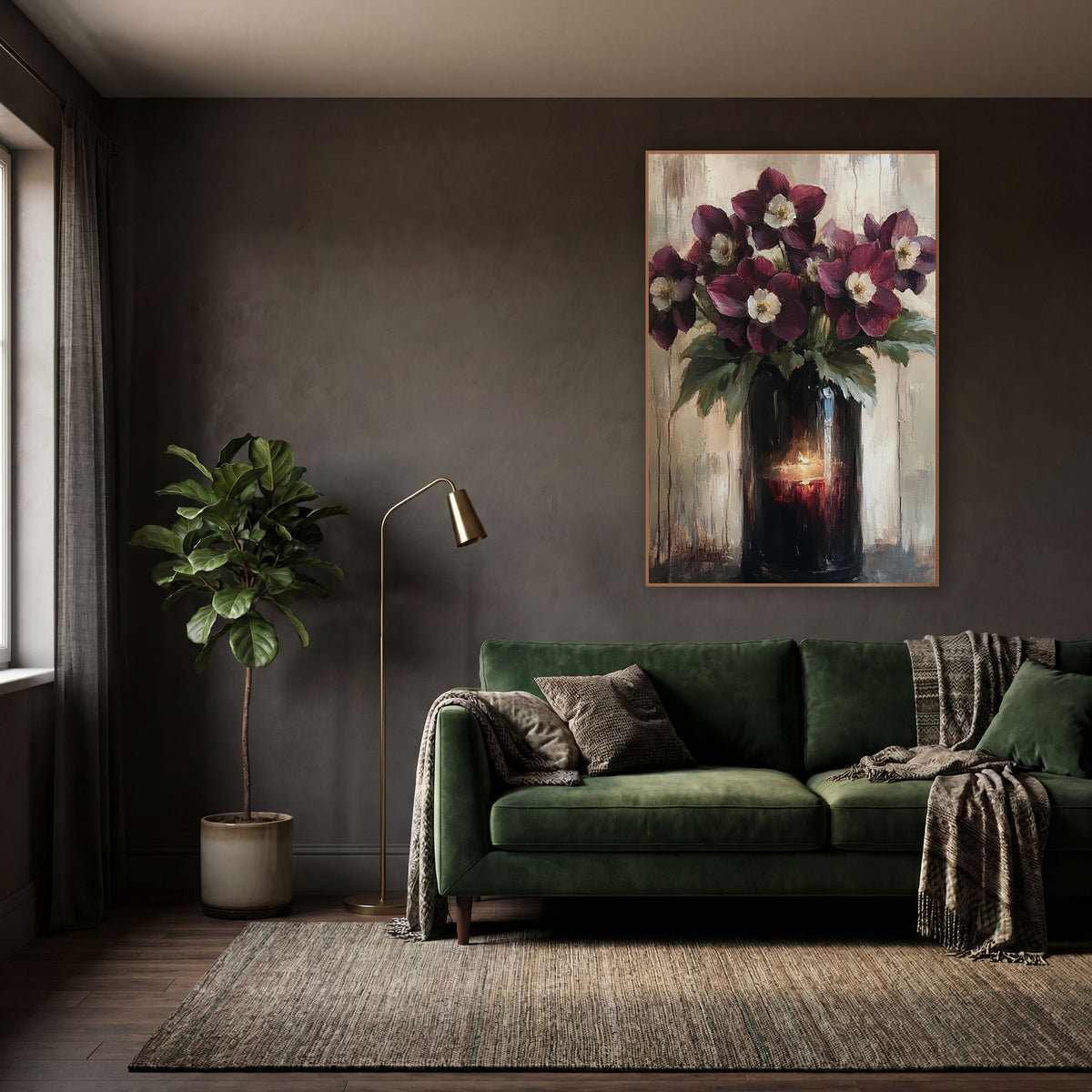 Candlelit Hellebore Vase Moody Classic wall art in a moody dark academia room – burgundy hellebore flowers with cream