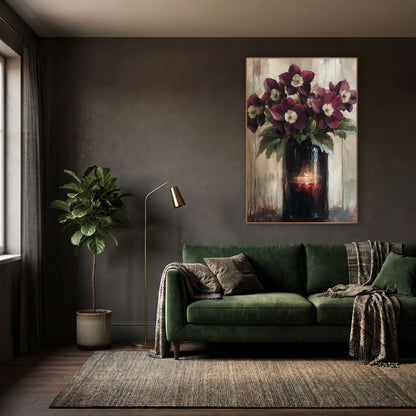 Candlelit Hellebore Vase Moody Classic wall art in a moody dark academia room – burgundy hellebore flowers with cream