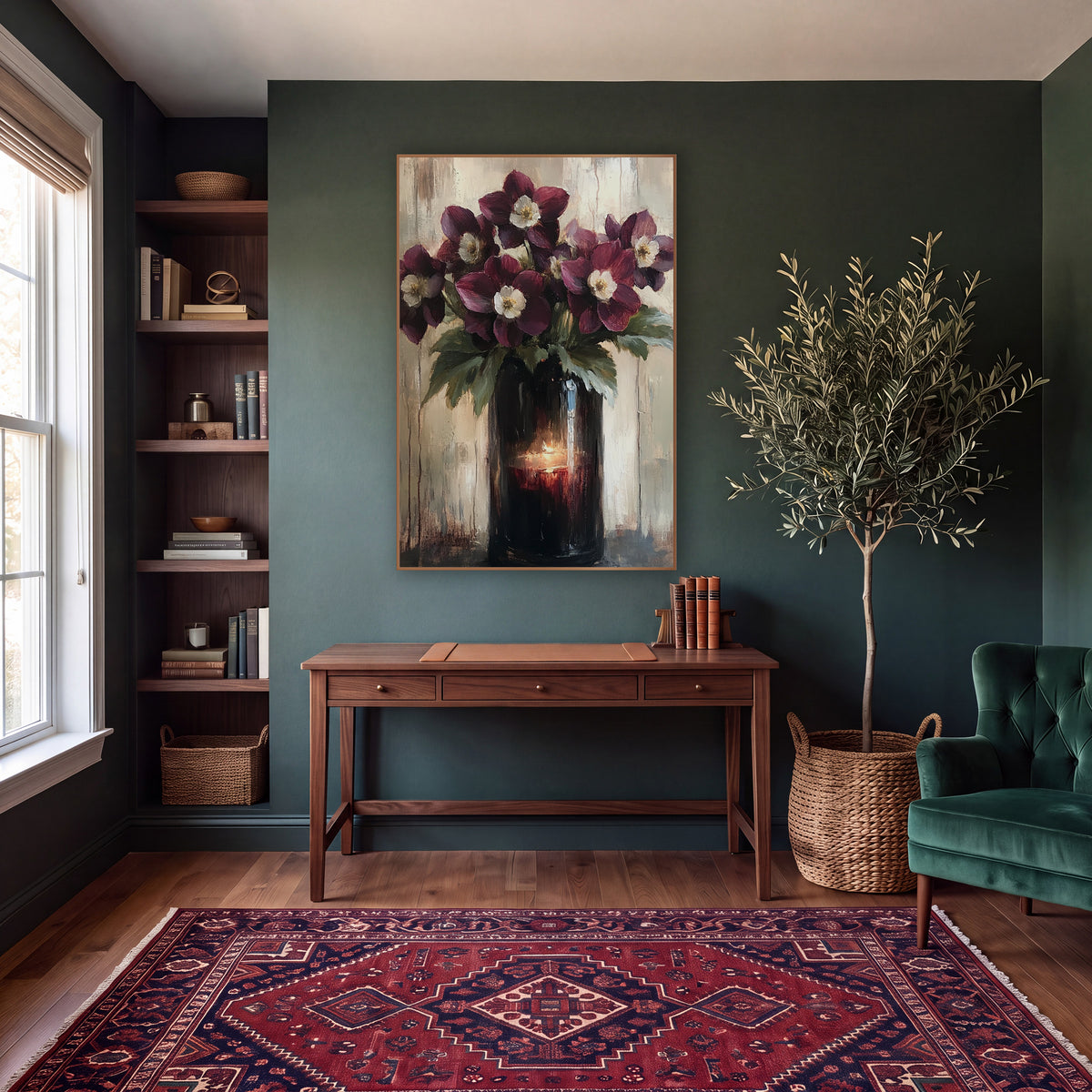 Candlelit Hellebore Vase Moody Classic wall art in a moody dark academia room – burgundy hellebore flowers with cream