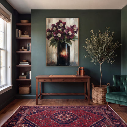 Candlelit Hellebore Vase Moody Classic wall art in a moody dark academia room – burgundy hellebore flowers with cream