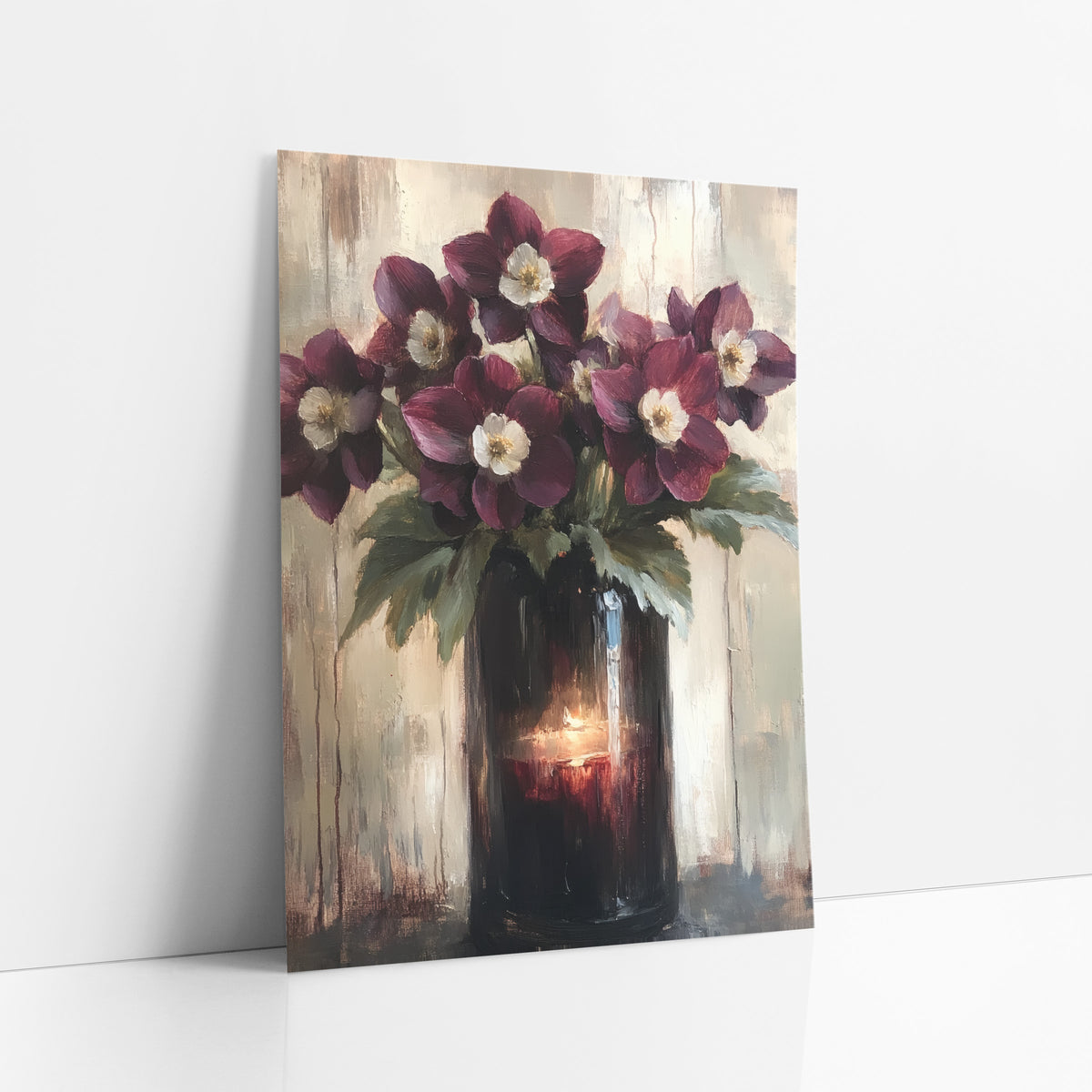 Candlelit Hellebore Vase Moody Classic art print leaning against a white wall – burgundy hellebore flowers with cream centers