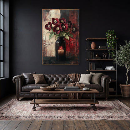 Burgundy Hellebore Candlelit Vase Still Life wall art in a moody dark academia room – burgundy hellebores with cream