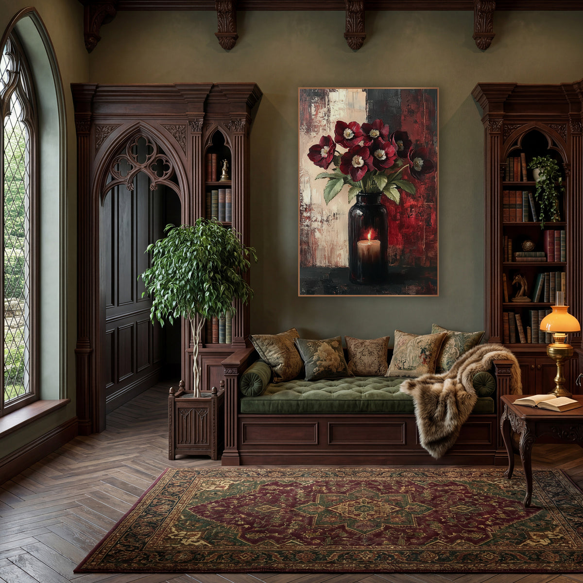 Burgundy Hellebore Candlelit Vase Still Life wall art in a moody dark academia room – burgundy hellebores with cream