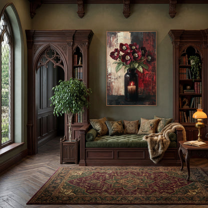 Burgundy Hellebore Candlelit Vase Still Life wall art in a moody dark academia room – burgundy hellebores with cream