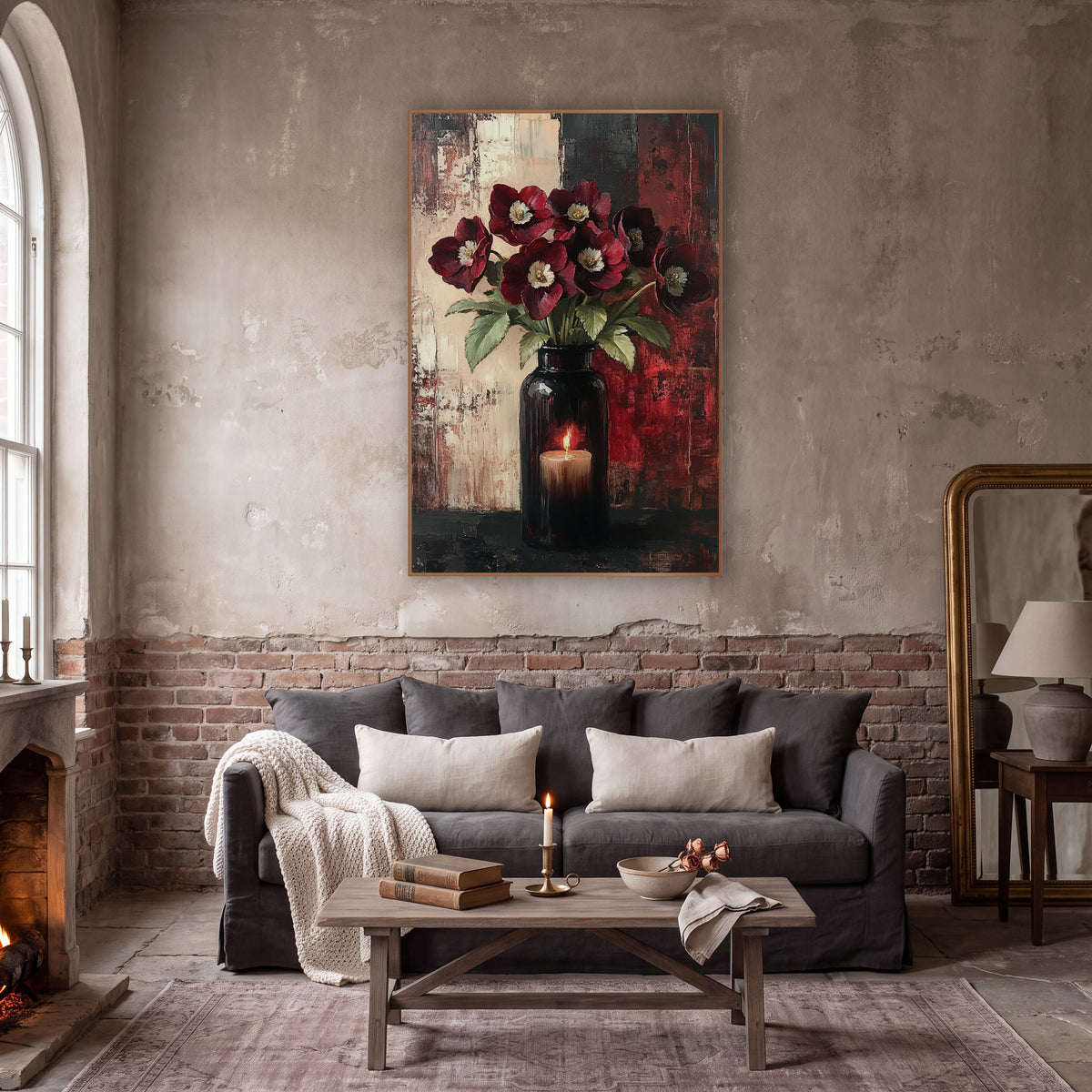 Burgundy Hellebore Candlelit Vase Still Life wall art in a moody dark academia room – burgundy hellebores with cream