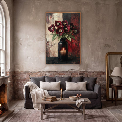 Burgundy Hellebore Candlelit Vase Still Life wall art in a moody dark academia room – burgundy hellebores with cream