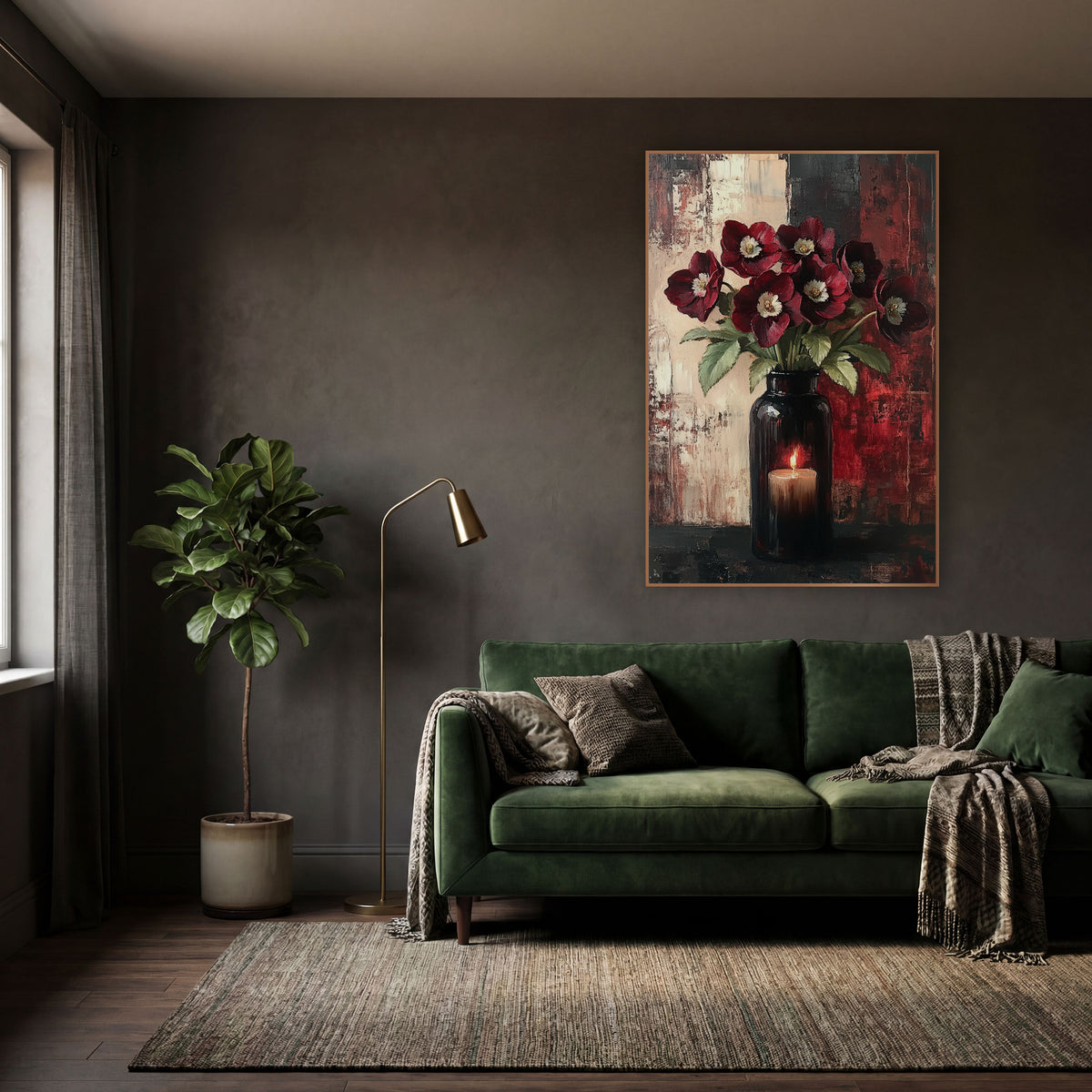 Burgundy Hellebore Candlelit Vase Still Life wall art in a moody dark academia room – burgundy hellebores with cream