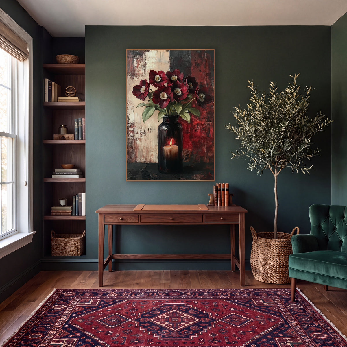 Burgundy Hellebore Candlelit Vase Still Life wall art in a moody dark academia room – burgundy hellebores with cream