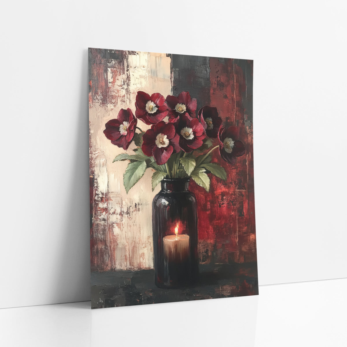 Burgundy Hellebore Candlelit Vase Still Life art print leaning against a white wall – burgundy hellebores with cream centers