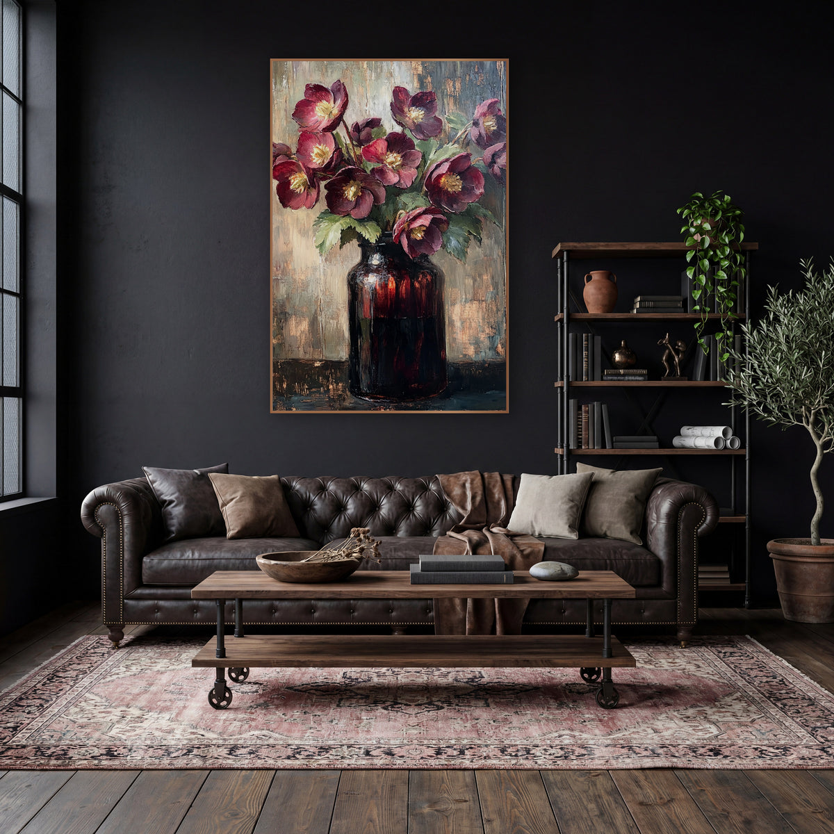 Amber Jar Hellebores Vintage Modern wall art in a moody dark academia room – burgundy hellebores with yellow centers